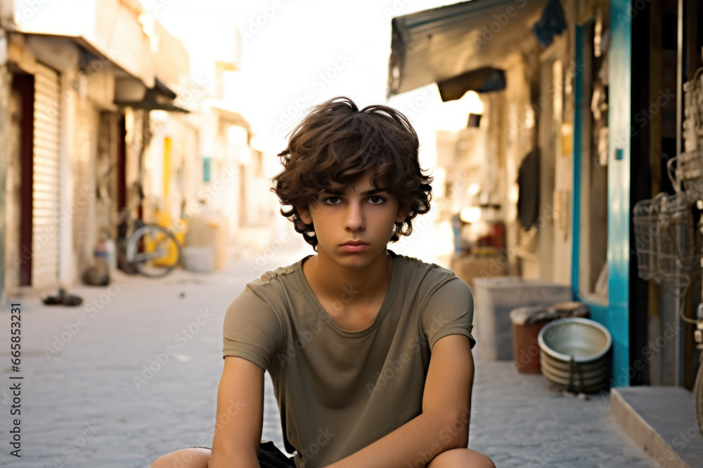 Sad Palestinian boy sits on city street, portrait of serious Arab teenager in Middle East. Young person, kid looking at camera outdoor. Concept of character, muslim Sad Palestinian boy sits on city street, portrait of serious Arab teenager in Middle East. Young person, kid looking at camera outdoor. Concept of character, muslim