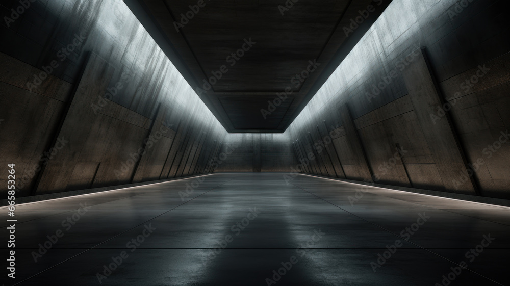 Modern dark warehouse background, futuristic concrete room with led light. Empty garage hall with gray walls, perspective view. Concept of studio, stage, parking, industry