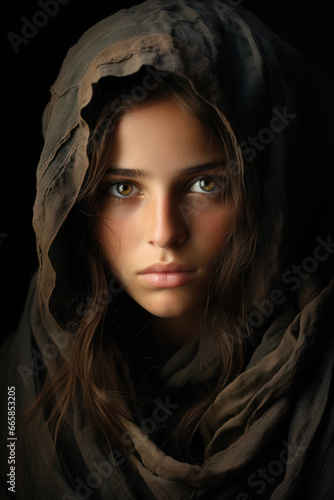 Portrait of Middle Eastern girl in hijab  face of serious Palestinian teen. Sad Arab young woman wearing scarf looking at camera. Concept of youth  fashion  beauty