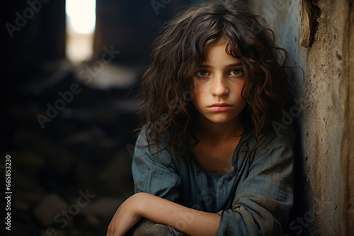 Sad Arab child in poor home, face of serious Palestinian girl. Portrait of depressed Middle Eastern kid, teen looking at camera. Concept of character, youth, problem photo