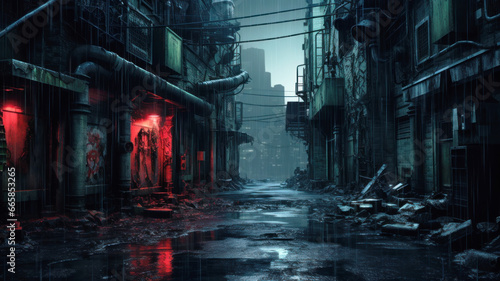 Gloomy dark street in cyberpunk city in rain, dirty wet alley with garbage. Moody view of old spooky futuristic buildings at night. Concept of dystopia, future, grunge