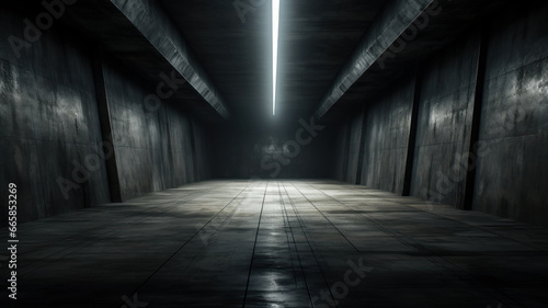 Dark underground warehouse background, empty concrete garage with low light. Abstract grungy room with gray walls. Concept of futuristic design, industry, factory, game photo