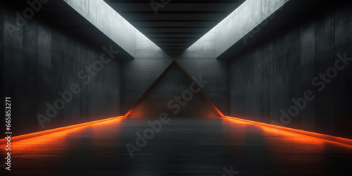 Empty dark hall background, futuristic minimalist interior of concrete room with orange light. Modern hallway with gray walls. Concept of studio, stage, future, industry