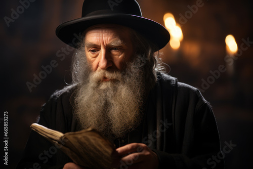 Old Jewish Orthodox man reading holy book, portrait of bearded Jew in black hat. Face of pensive reflective Israeli person. Concept of rabbi, prayer, think