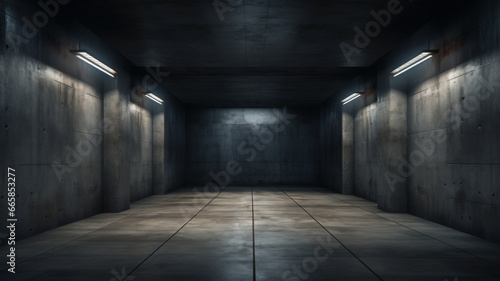 Dark dirty warehouse interior background, scary concrete garage with low light. Abstract empty grungy room with gray walls. Concept of horror, industry, factory photo