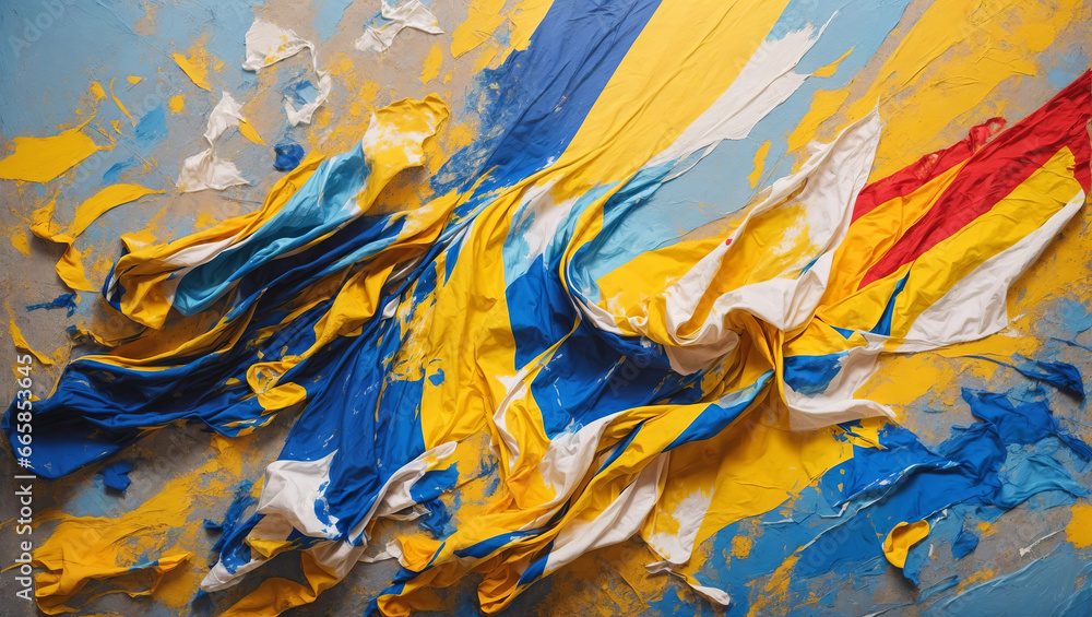 A background of blue and yellow paint symbolizing the flag of Ukraine