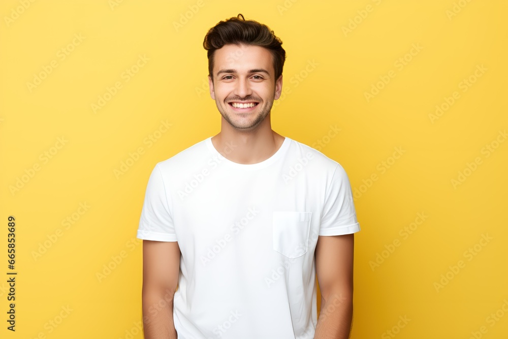Portrait of a fictional male model smiling. Isolated on a colored background. Generative AI. Portrait of a fictional male model smiling. Isolated on a colored background. Generative AI.