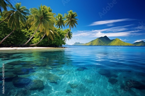 Scenic isle surround by palm trees, adorned by clear blue waters. Generative AI