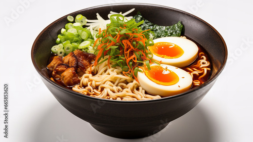 A bowl of ramen with egg and vegetables
