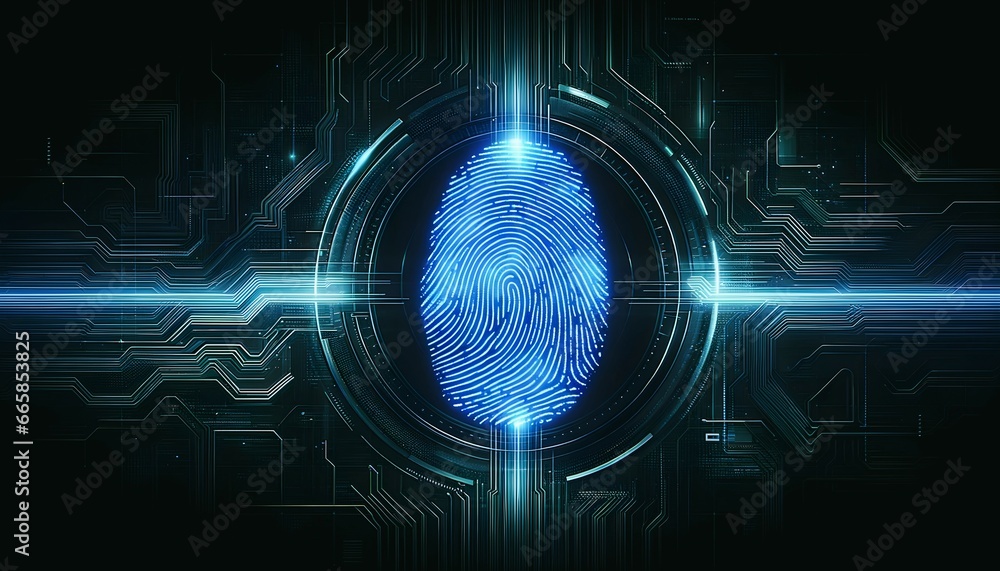 Obraz premium Blue neon fingerprint concept background, futuristic banner with copy space text, cyber security template 