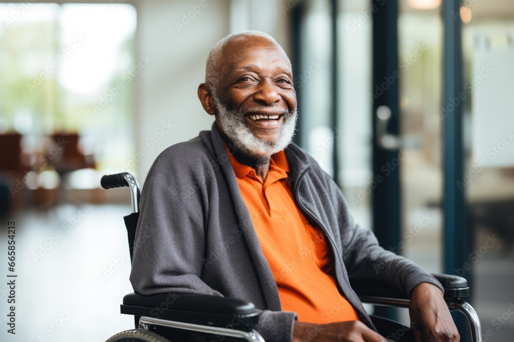 Portrait of a happy senior man in a wheelchair at the nursing home - obrazy, fototapety, plakaty 
