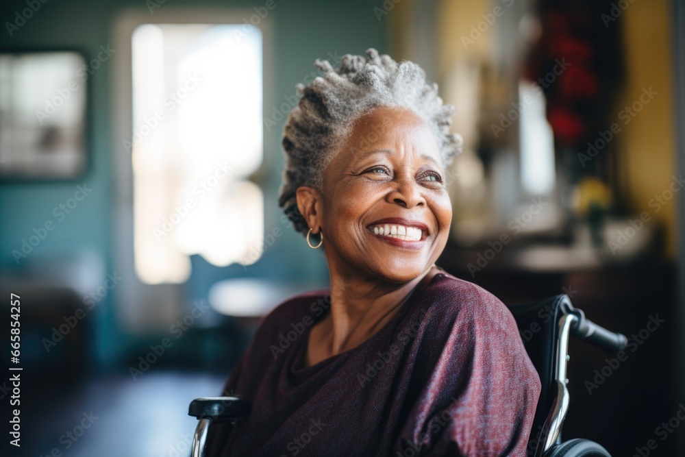 Portrait of a smiling disabled senior woman in a nursing home - obrazy, fototapety, plakaty 
