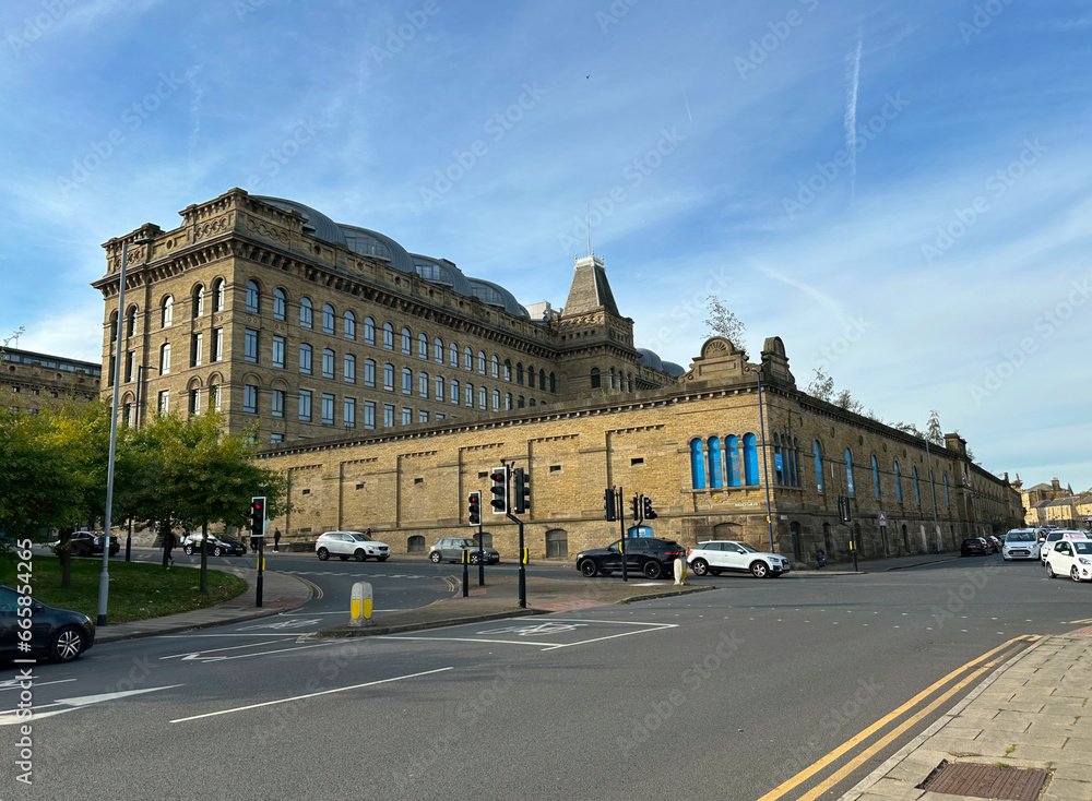View, of one of the largest Victorian textile mills in Britain, built with Yorkshire stone, in the post industrial city of, Bradford, UK