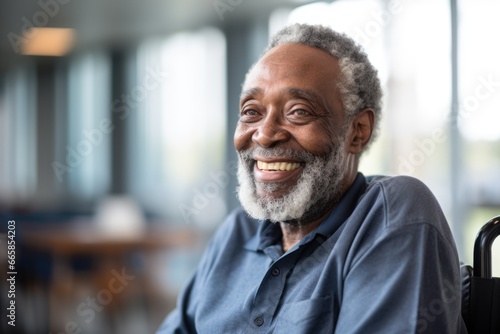 Portrait of a happy senior man in a wheelchair at the nursing home
