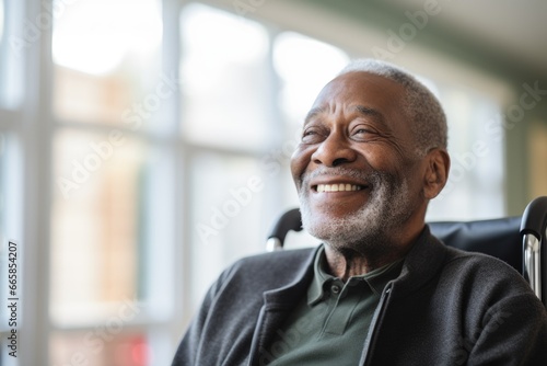 Portrait of a happy senior man in a wheelchair at the nursing home