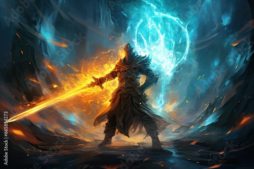 Fantasy illustration of a warrior with a sword in his hand, high desolation warrior with fire sword, knight, fictional character, gaming hero, villain, combat solider with armor