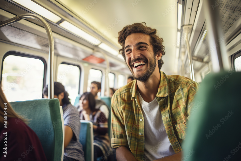 man smiling while sitting in a train and looking through a window man smiling while sitting in a train and looking through a window