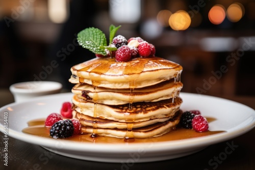 Stacked Pancakes Drizzled with Syrup and Topped with Fresh Fruit