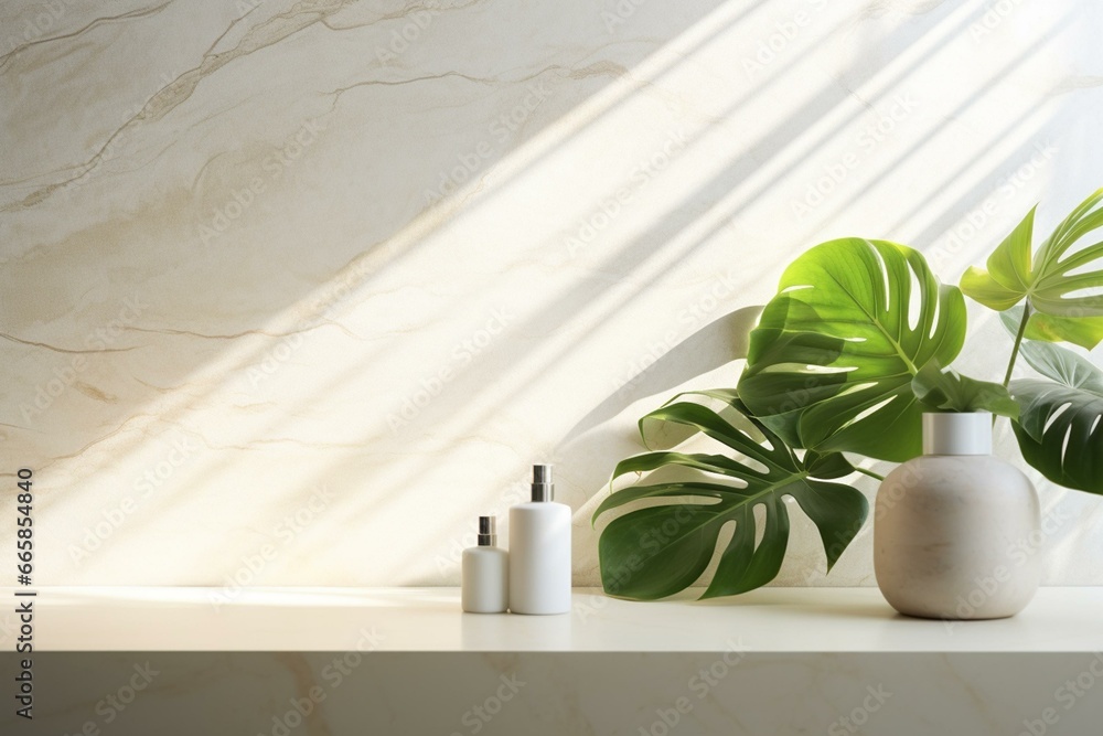 Minimalist counter with white stone table, tropical monstera plant, sunlight on white wall for fresh organic skincare display. Generative AI