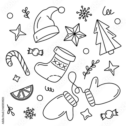 gloves socks hat winter set snowflakes lollipop doodle new year star circle clothes Santa Claus Christmas tree candy paraphernalia twig branch mittens isolated icon design banner postcard card ornate