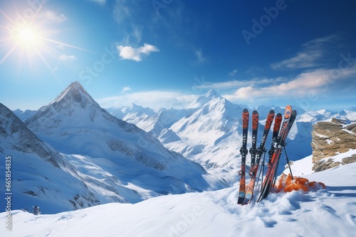 A skier's skis on snowy mountains in sunny winter day. Generative AI © Mia