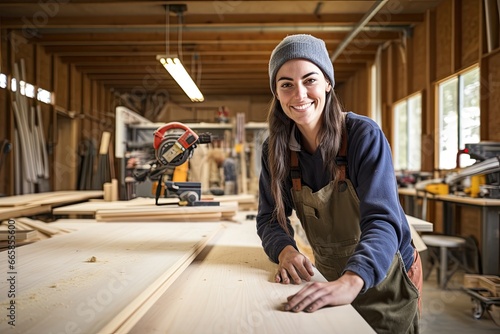 Happy female carpenter at work. photo