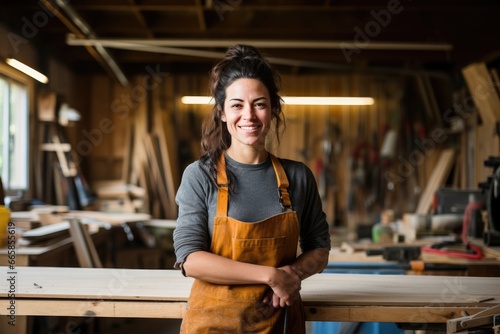 Happy female carpenter at work. photo