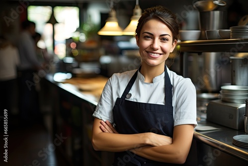 Portrait of a smiling cook in the restaurant kitchen. photo