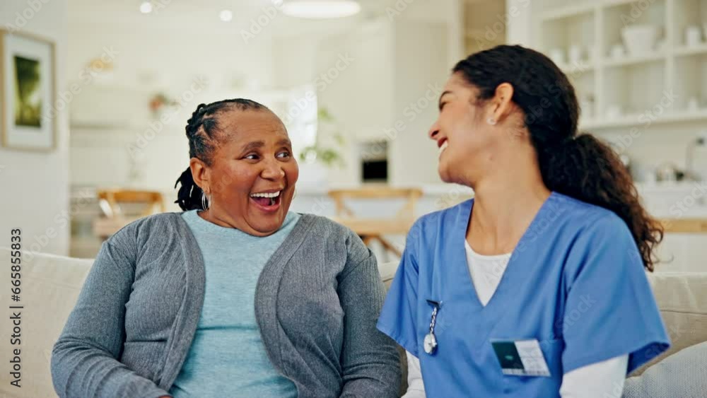 Senior care, old woman and caregiver on sofa with conversation, help and homecare in living room. Retirement, healthcare and elderly person with nurse, trust and medical advice on couch together.