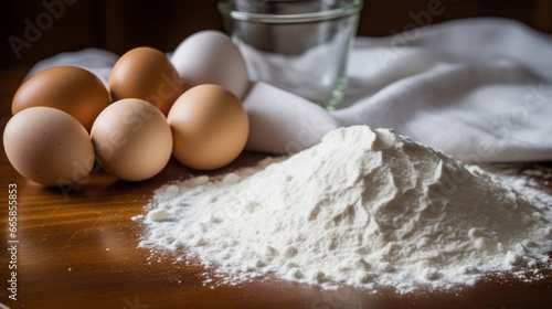 Eggs and flour on a wooden table with a glass of water