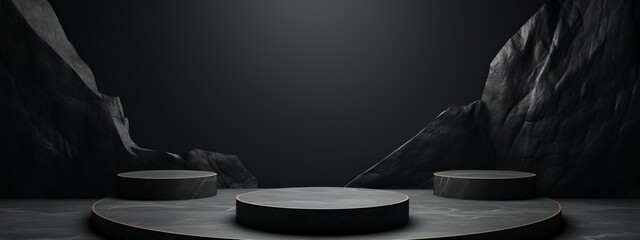 Black podium stone background rock product display 3d dark stand platform abstract stage scene studio. Stone wall black space podium mockup pedestal geometric marble showcase minimal presentation.