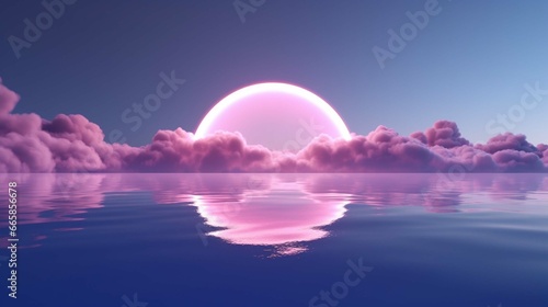 3d render, abstract background with pink cloud levitating inside bright glowing ring, round neon frame, with reflection in the water.