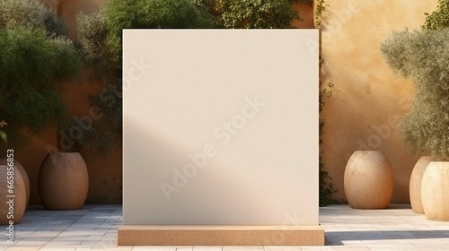 Square light box empty display on beige concrete wall outdoors