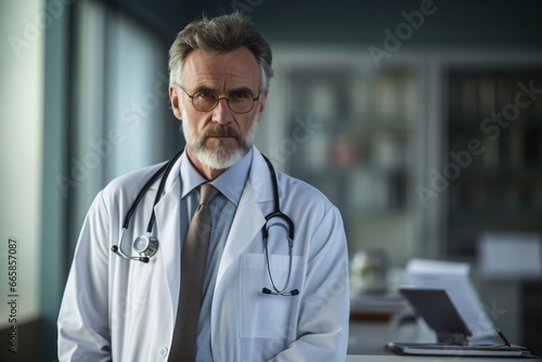 A male doctor wearing a stethoscope in a hospital