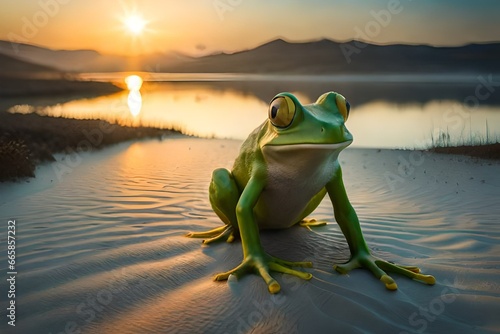 green frog on the lake