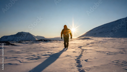 mountaineer walking with footprint in snow storm and sunrise over snowy mountain in senja island