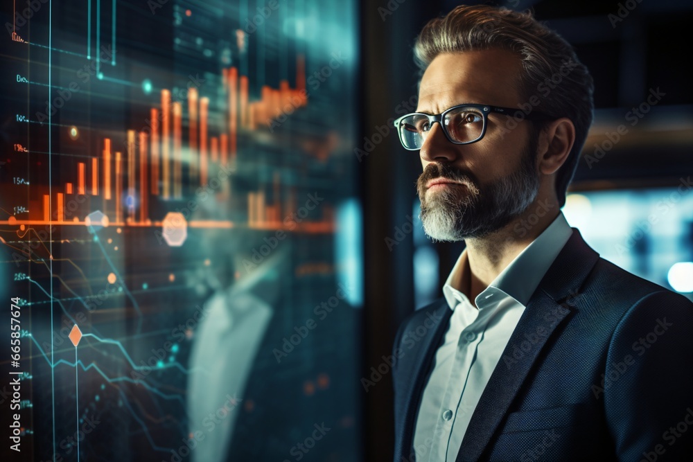 A data analyst business executive reading charts and graphs and analyzing patterns A data analyst business executive reading charts and graphs and analyzing patterns