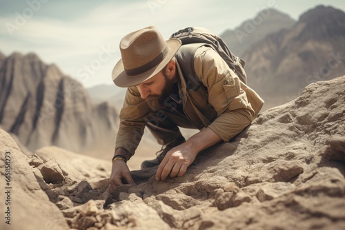 A geologist or paleontologist studying the earth's surface and fossils in it photo