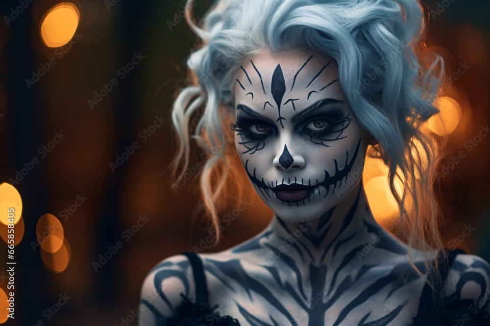 A beautiful woman with halloween or carnival makeup on the face