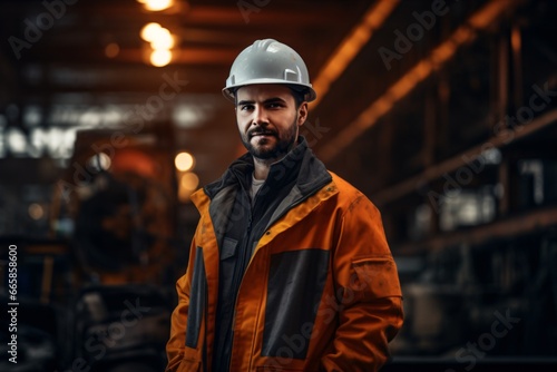 A mechanical engineer or industrial engineer wearing a safety helmet, and working in the manufacturing factory