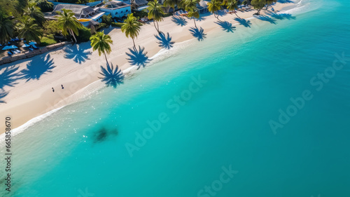 aereal view of beautiful blue sea, palm trees, beach, caribbean