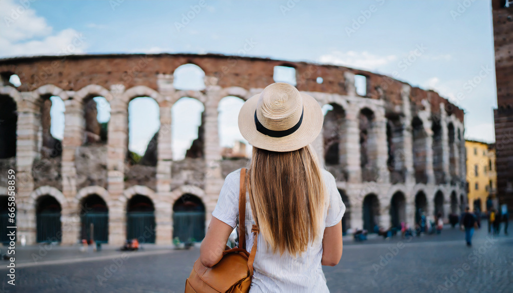 traveler girl with hat and bag looking at verona arena tour tourism travel vacation in italy travel in europe
