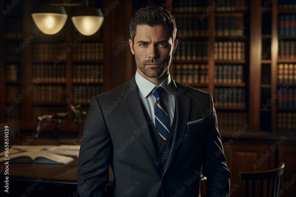 Portrait photography of a male lawyer in his cabin with bookshelf backdrop Portrait photography of a male lawyer in his cabin with bookshelf backdrop