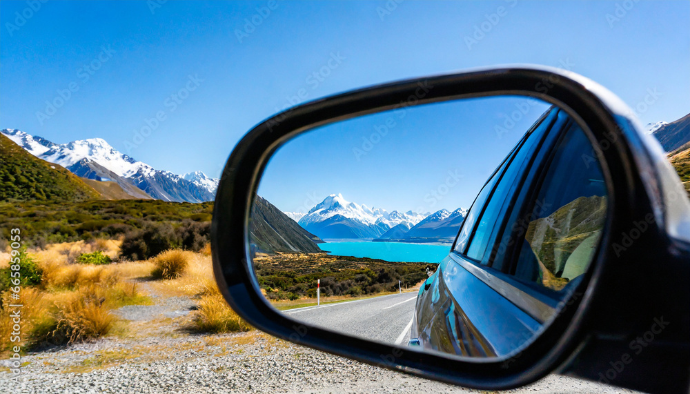 view of mount cook new zealand in the rear view mirror end of journey traveling is over