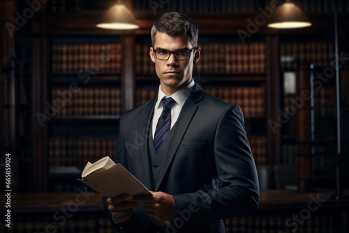 Portrait photography of a male lawyer in his cabin with bookshelf backdrop