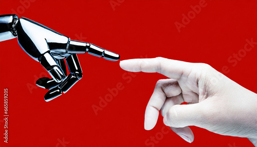 white cyborg robotic hand pointing his finger to human hand with stretched finger cyber la creation isolated on free png background