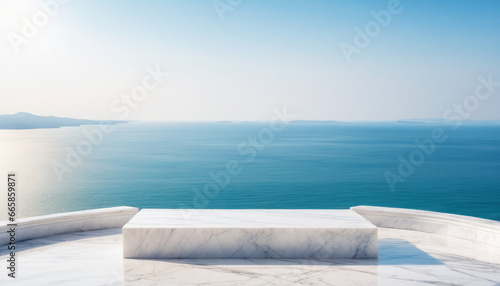 White marble podium with sea view 