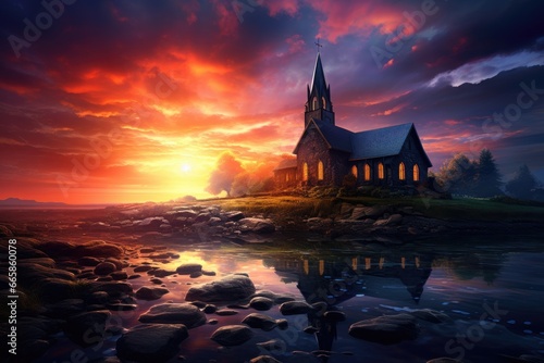 Sunset over the church spiritual inspiration photo