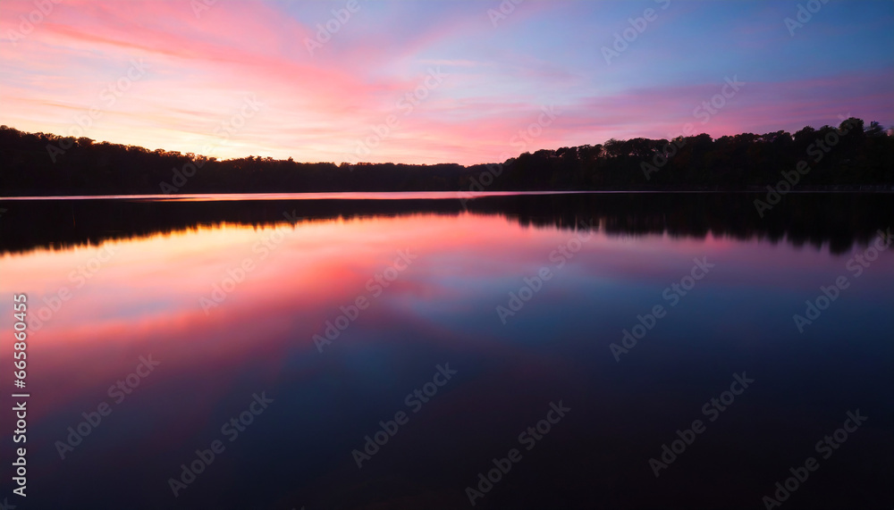 an image of a vibrant sunset over a serene lake with colorful reflections shimmering on the water