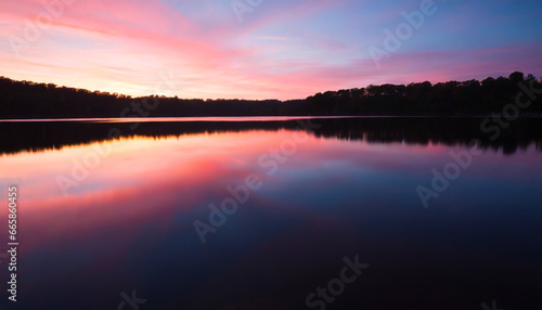 an image of a vibrant sunset over a serene lake with colorful reflections shimmering on the water